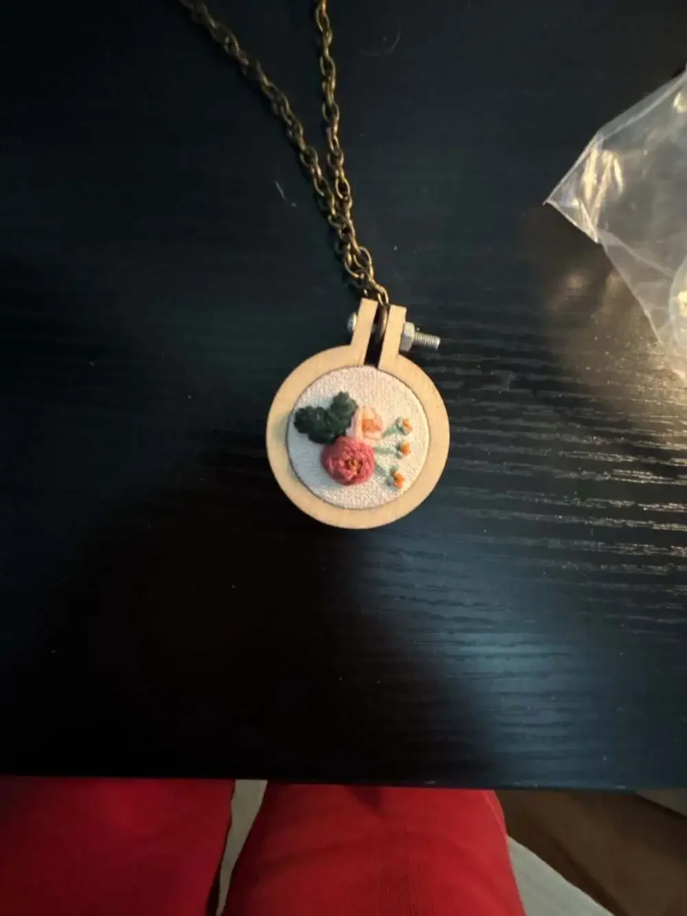 Handmade Floral Miniature Embroidery Hoop Wooden Pendant Necklace